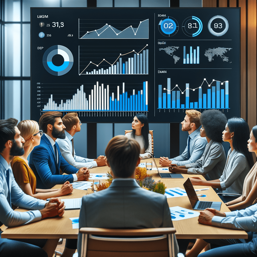Junta de negocios con una pantalla grande al fondo que muestra graficas