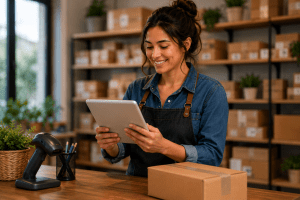 Dueña de comercio revisando pedidos e inventario en una tablet dentro de un negocio organizado.