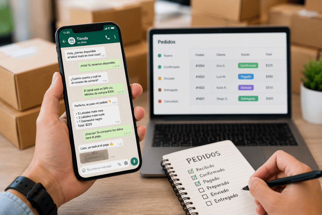 Dueña de comercio revisando pedidos e inventario en una tablet dentro de un negocio organizado.